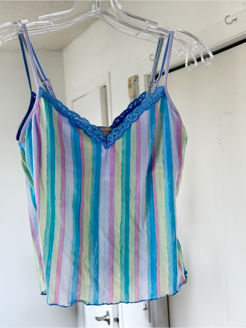 Y2K Lace Trim Cami Striped Blue Purple Mesh Mermaid S
